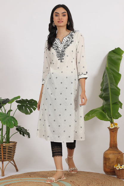 White Printed Cotton Lurex Dobby Flared Kurta with Embroidered Yoke