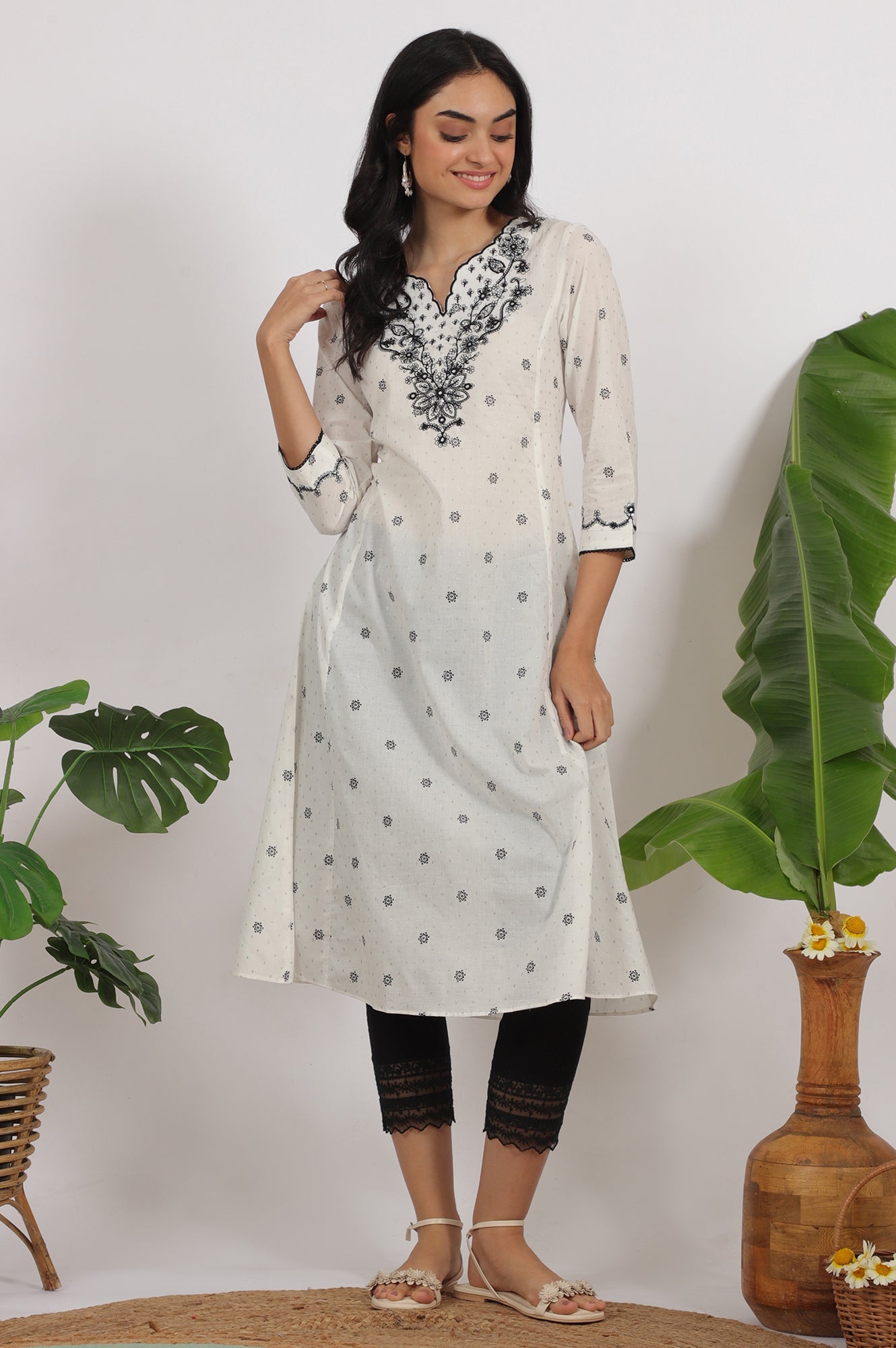 White Printed Cotton Lurex Dobby Flared Kurta with Embroidered Yoke