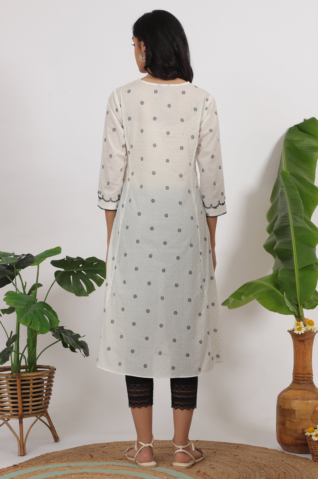 White Printed Cotton Lurex Dobby Flared Kurta with Embroidered Yoke