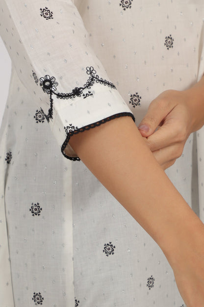 White Printed Cotton Lurex Dobby Flared Kurta with Embroidered Yoke