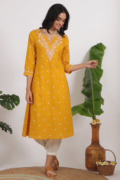Marigold Yellow Printed Cotton Lurex Dobby Flared Kurta with Embroidered Yoke