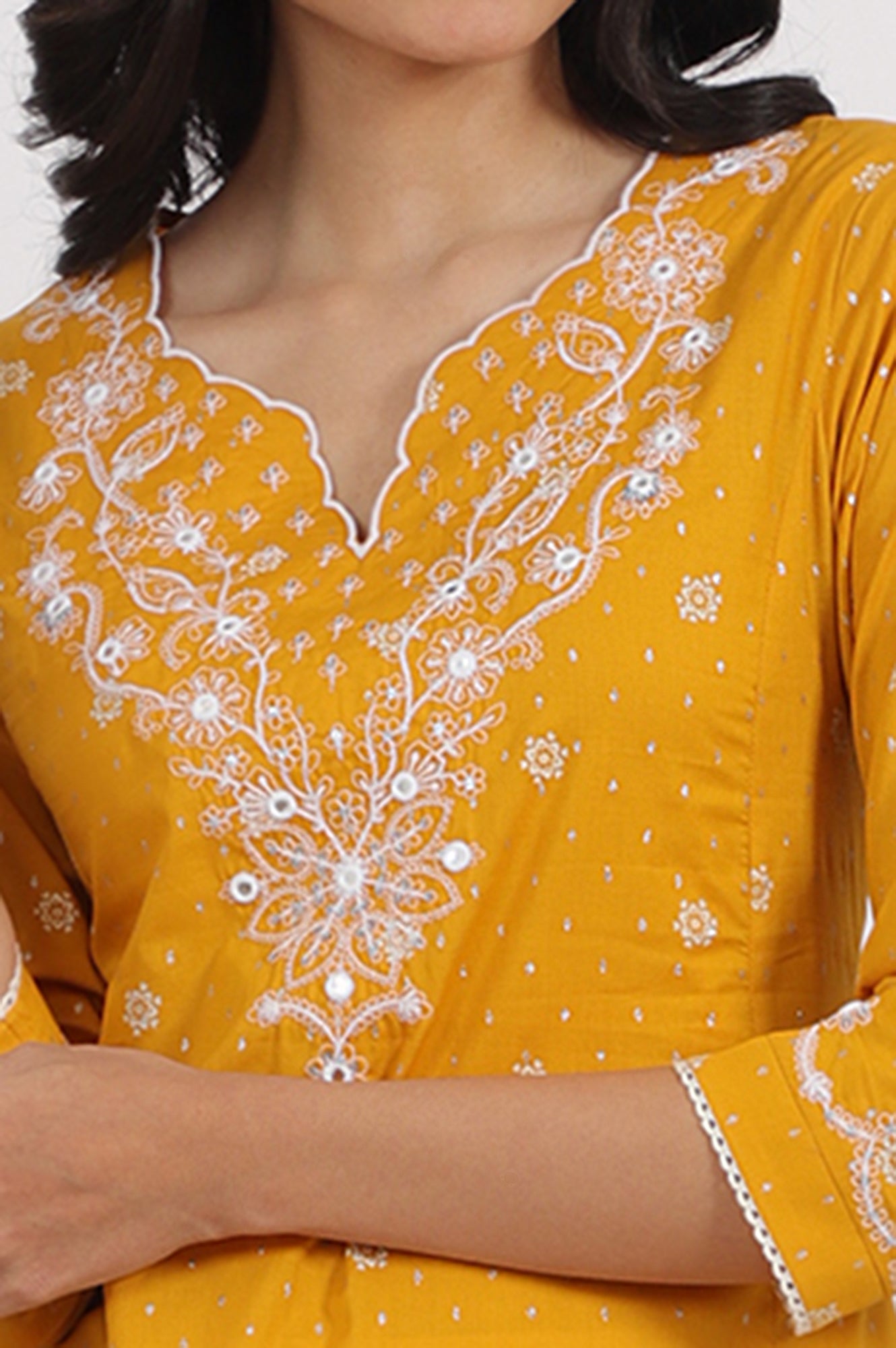 Marigold Yellow Printed Cotton Lurex Dobby Flared Kurta with Embroidered Yoke