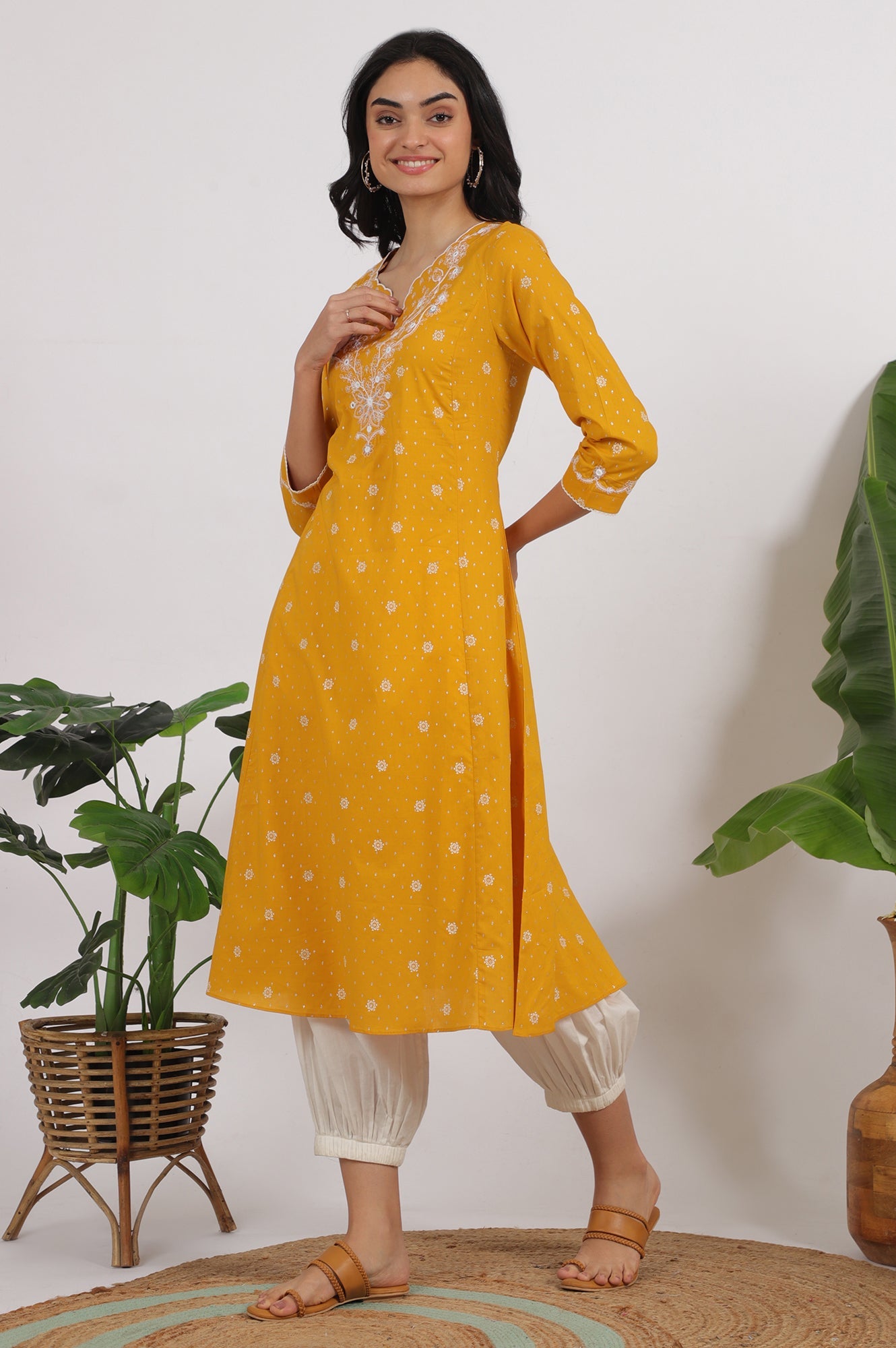 Marigold Yellow Printed Cotton Lurex Dobby Flared Kurta with Embroidered Yoke
