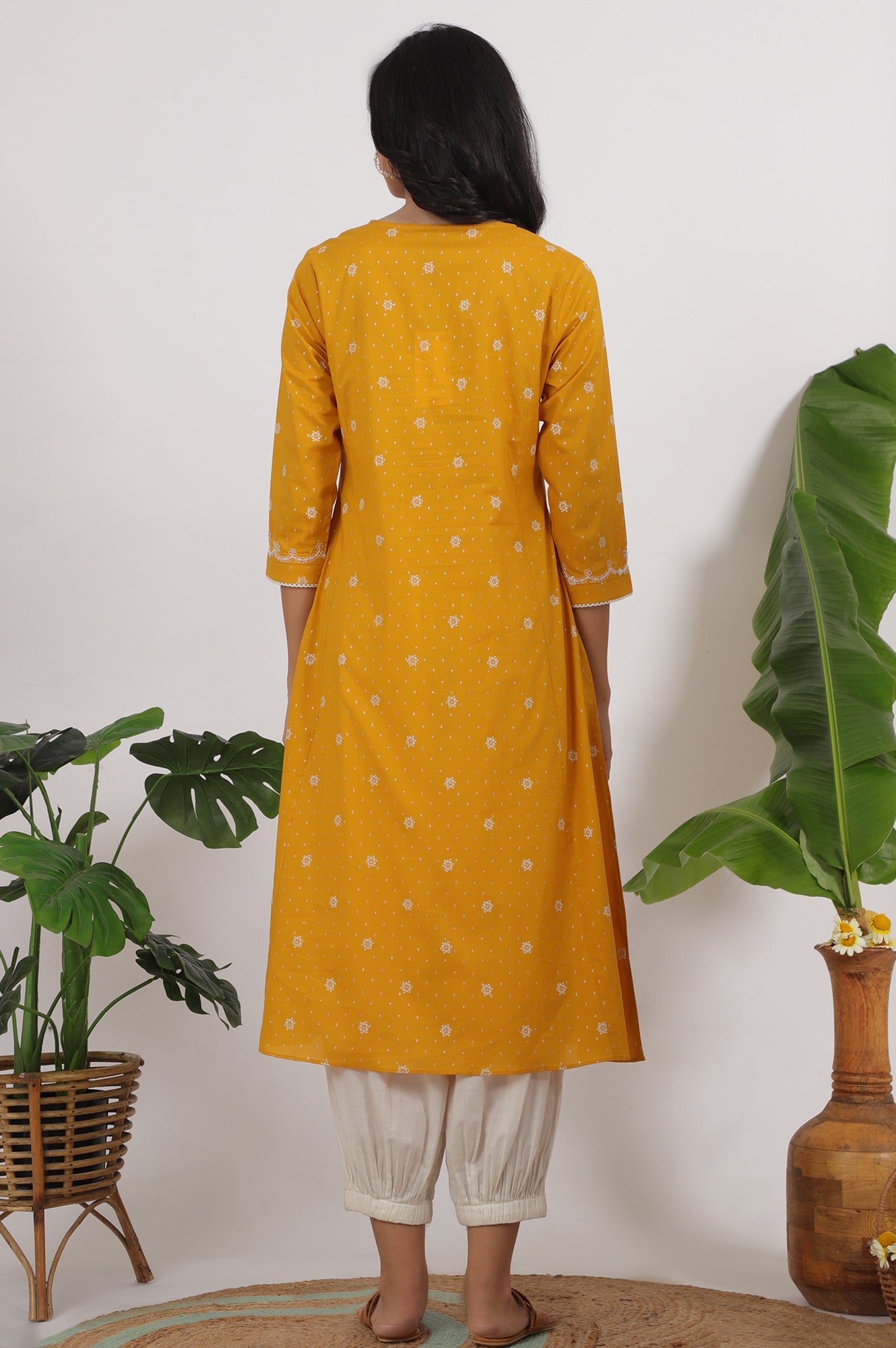 Marigold Yellow Printed Cotton Lurex Dobby Flared Kurta with Embroidered Yoke