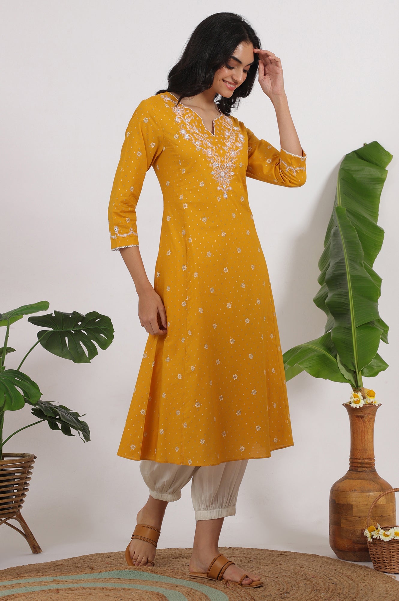 Marigold Yellow Printed Cotton Lurex Dobby Flared Kurta with Embroidered Yoke