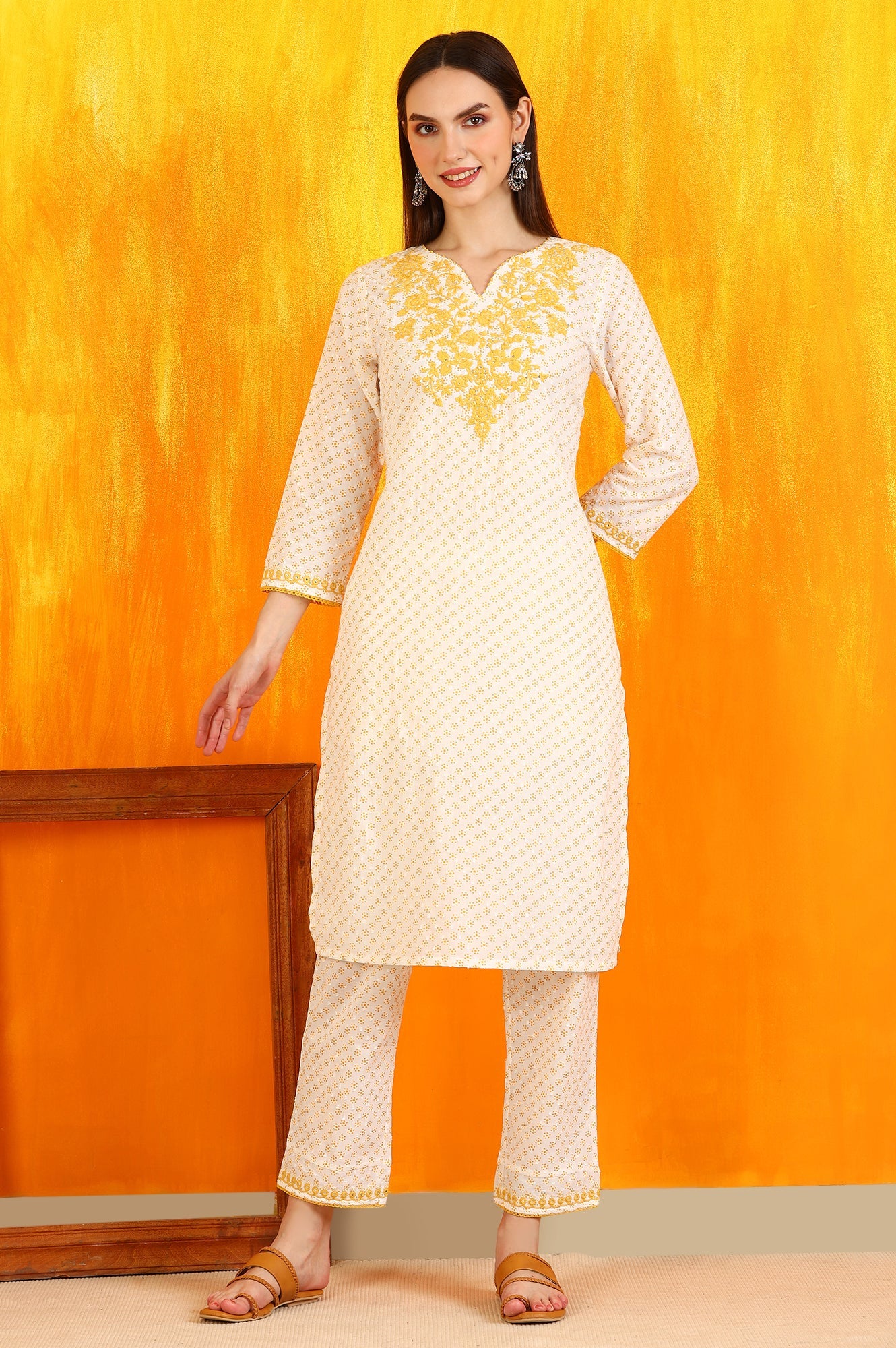 White Bandhani Printed Cotton Swiss Dot Straight Kurta with Embroidery