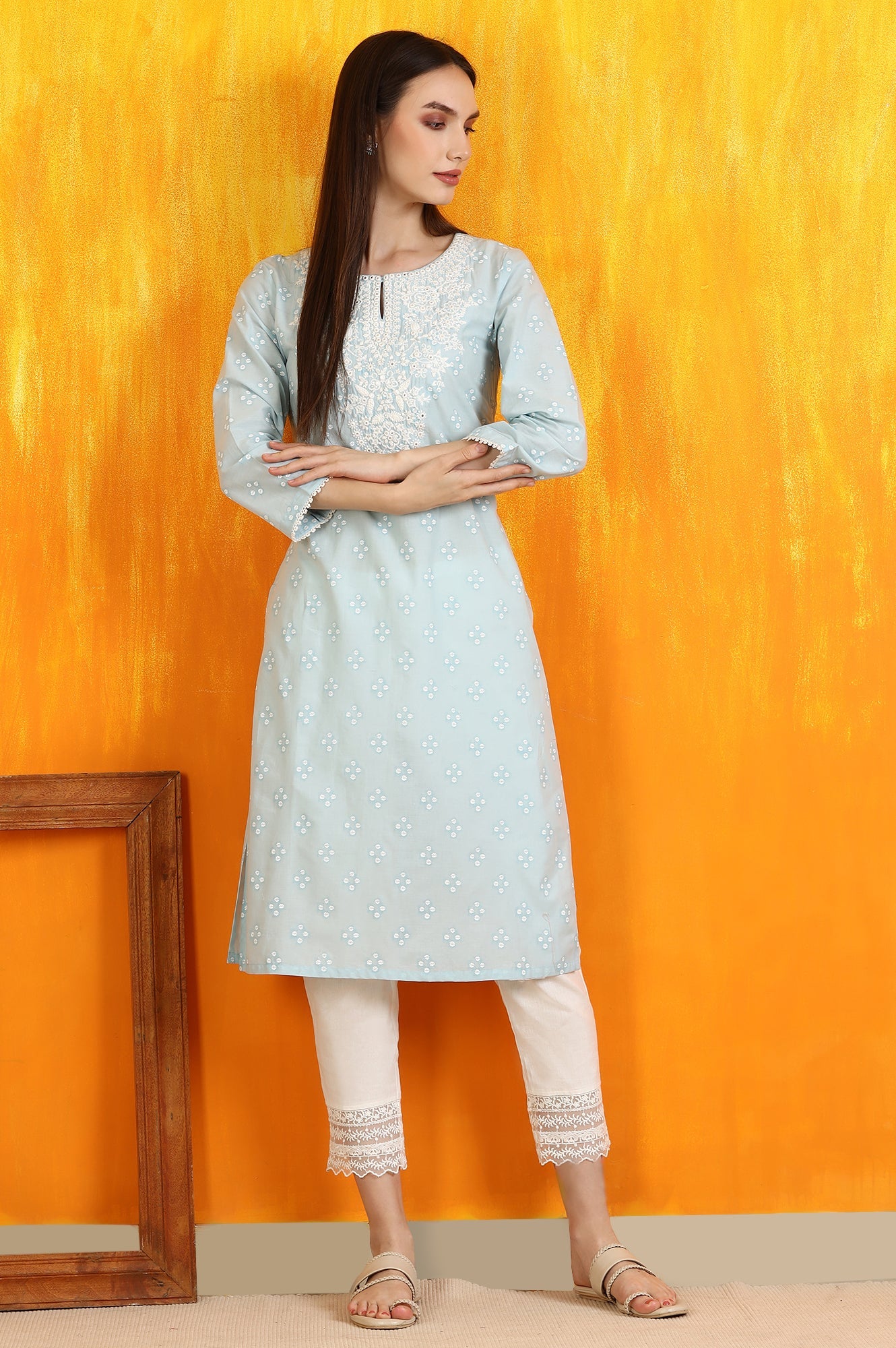 Light Blue Printed Pure Cotton Straight Kurta with Embroidery