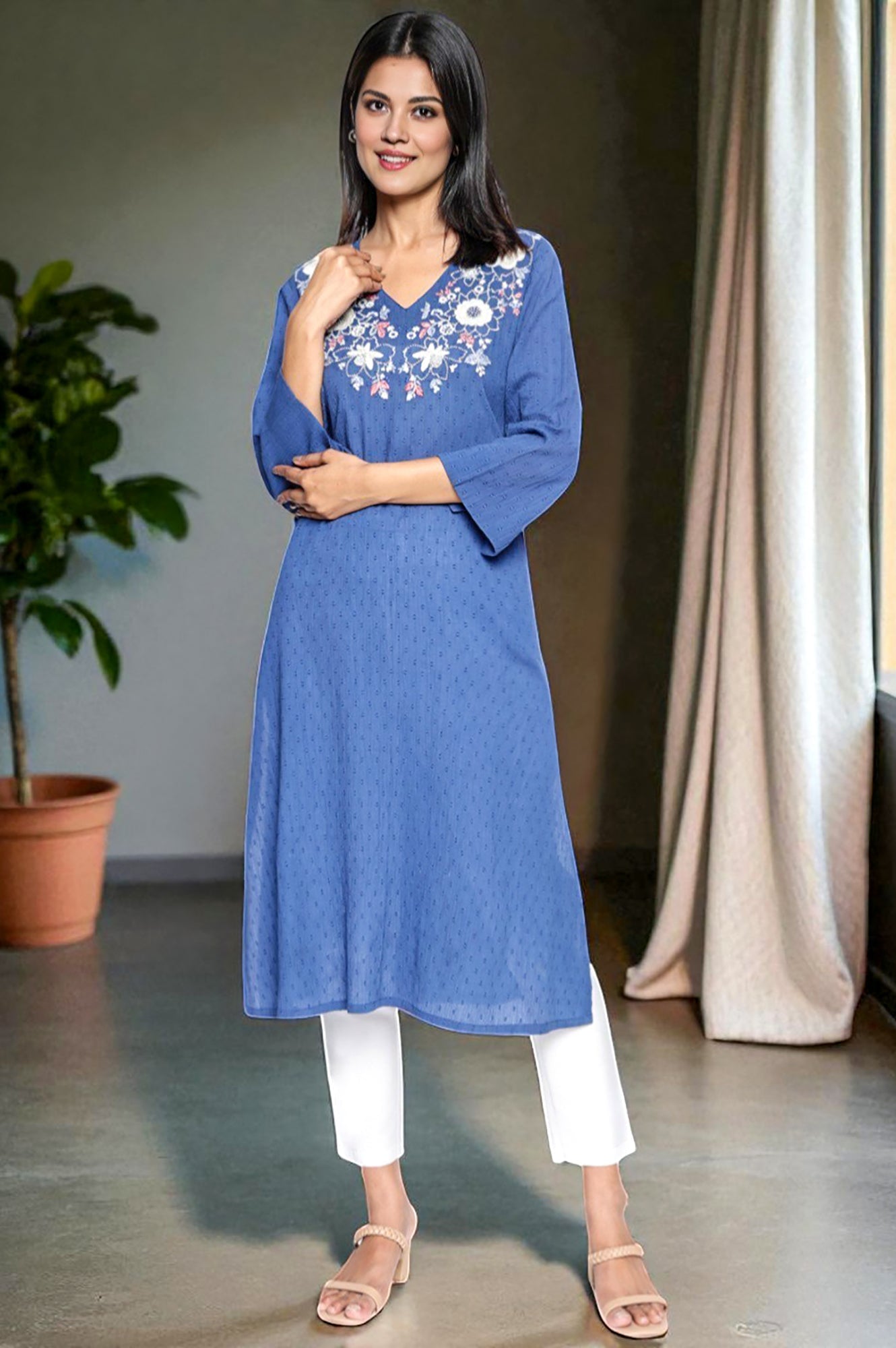 Cobalt Blue Solid Printed Pure Cotton Straight Kurta
