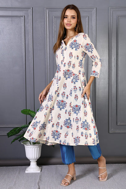 White Floral Printed Lace Pure Cotton Flared Kurta