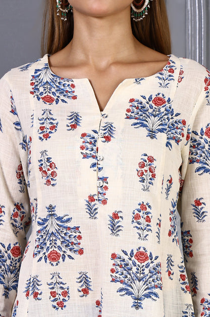 White Floral Printed Lace Pure Cotton Flared Kurta