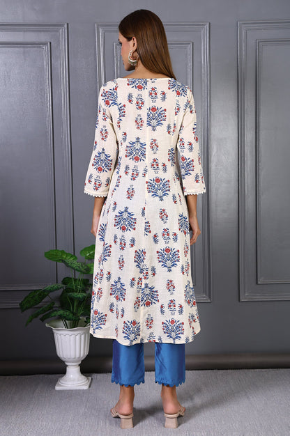 White Floral Printed Lace Pure Cotton Flared Kurta