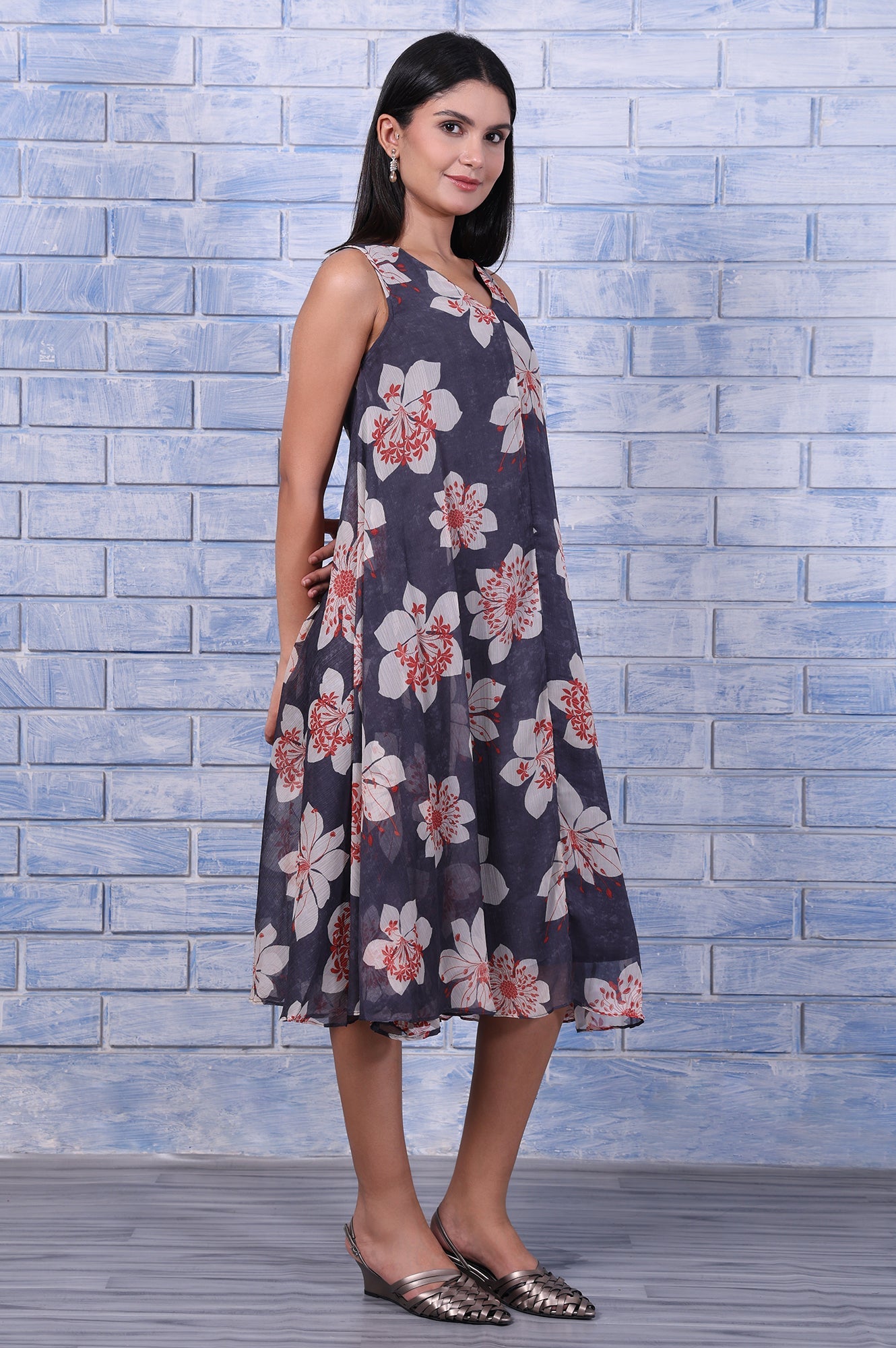 Grey Floral Printed Silver Chiffon Flared Dress