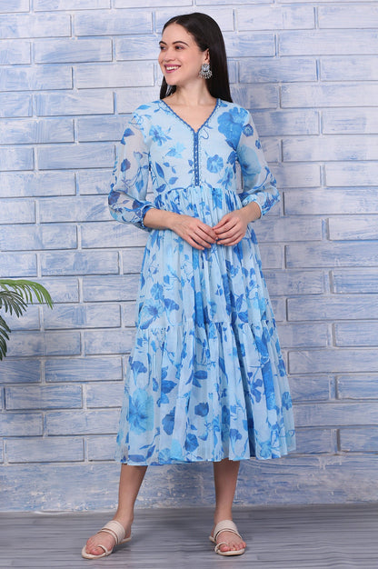 Blue Floral Printed Beaded Gathered Dress with Lace