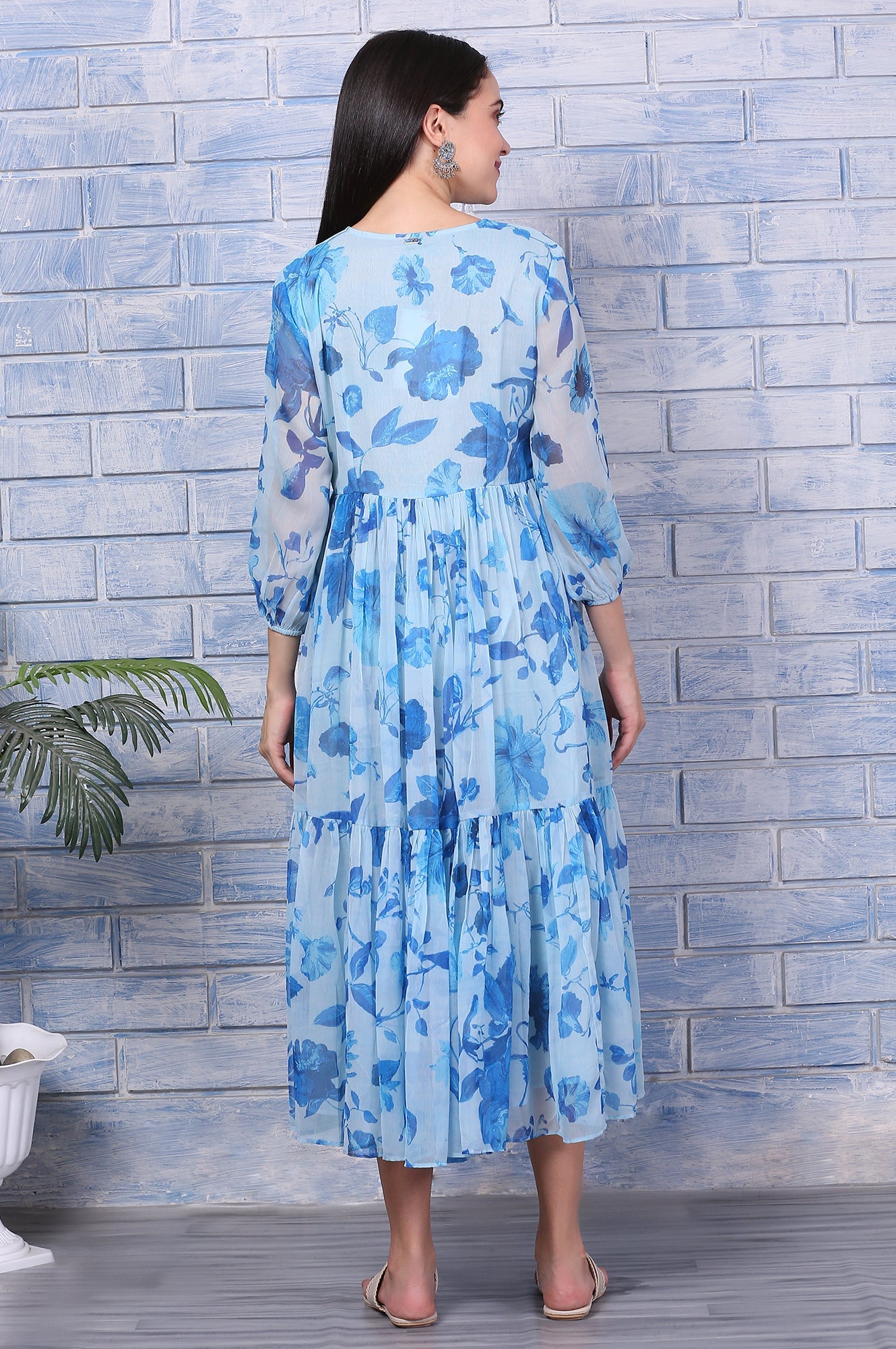 Blue Floral Printed Beaded Gathered Dress with Lace