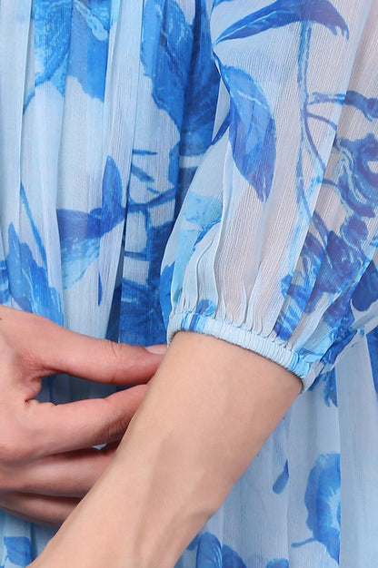 Blue Floral Printed Beaded Gathered Dress with Lace