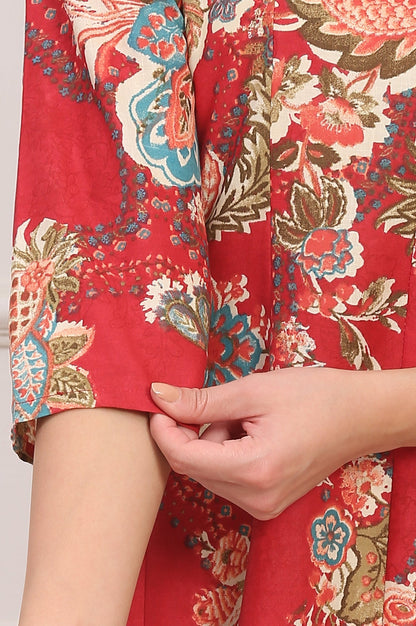 Red Floral Printed Flared Pure Cotton Kurta