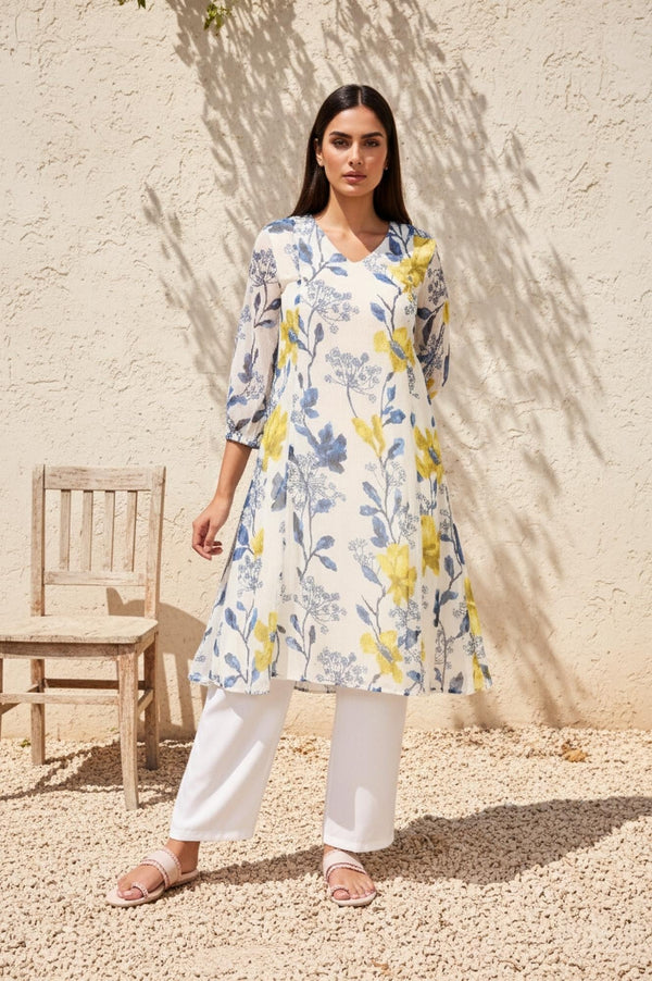 White Floral A-Line Chiffon Kurta