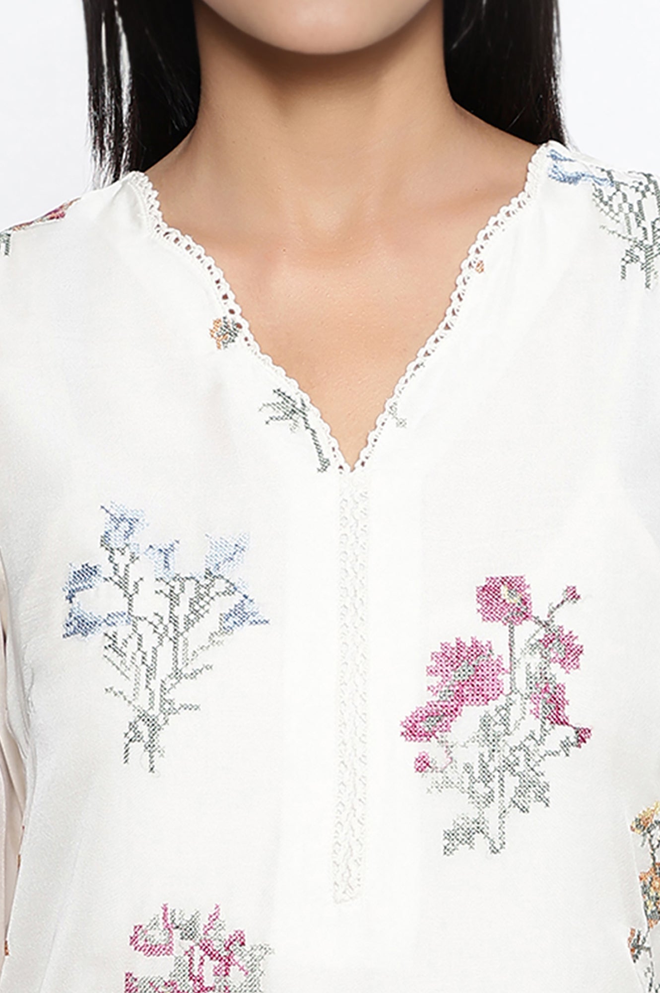 White Embroidered Printed Organza Straight Kurta