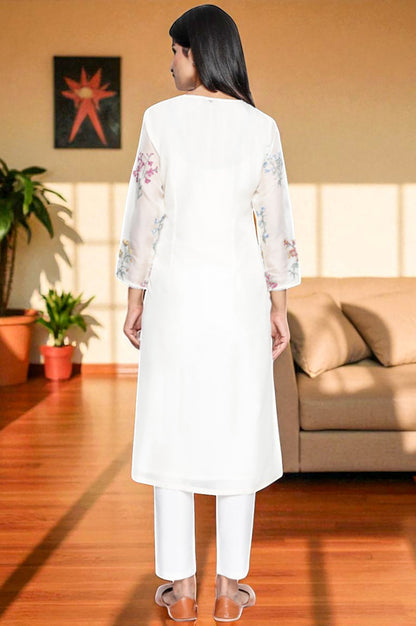 White Embroidered Printed Organza Straight Kurta