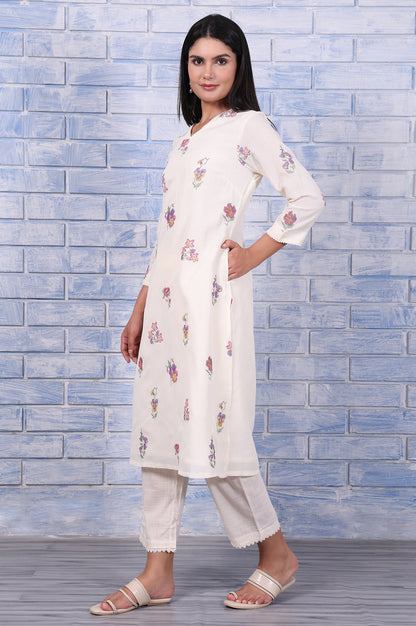 White Embroidered Printed Lace Kota Straight Kurta
