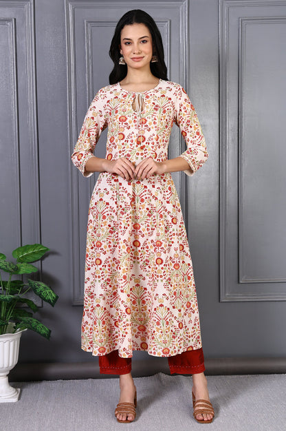 White Floral Printed Metal Embellishment Pure Cotton Flared Kurta