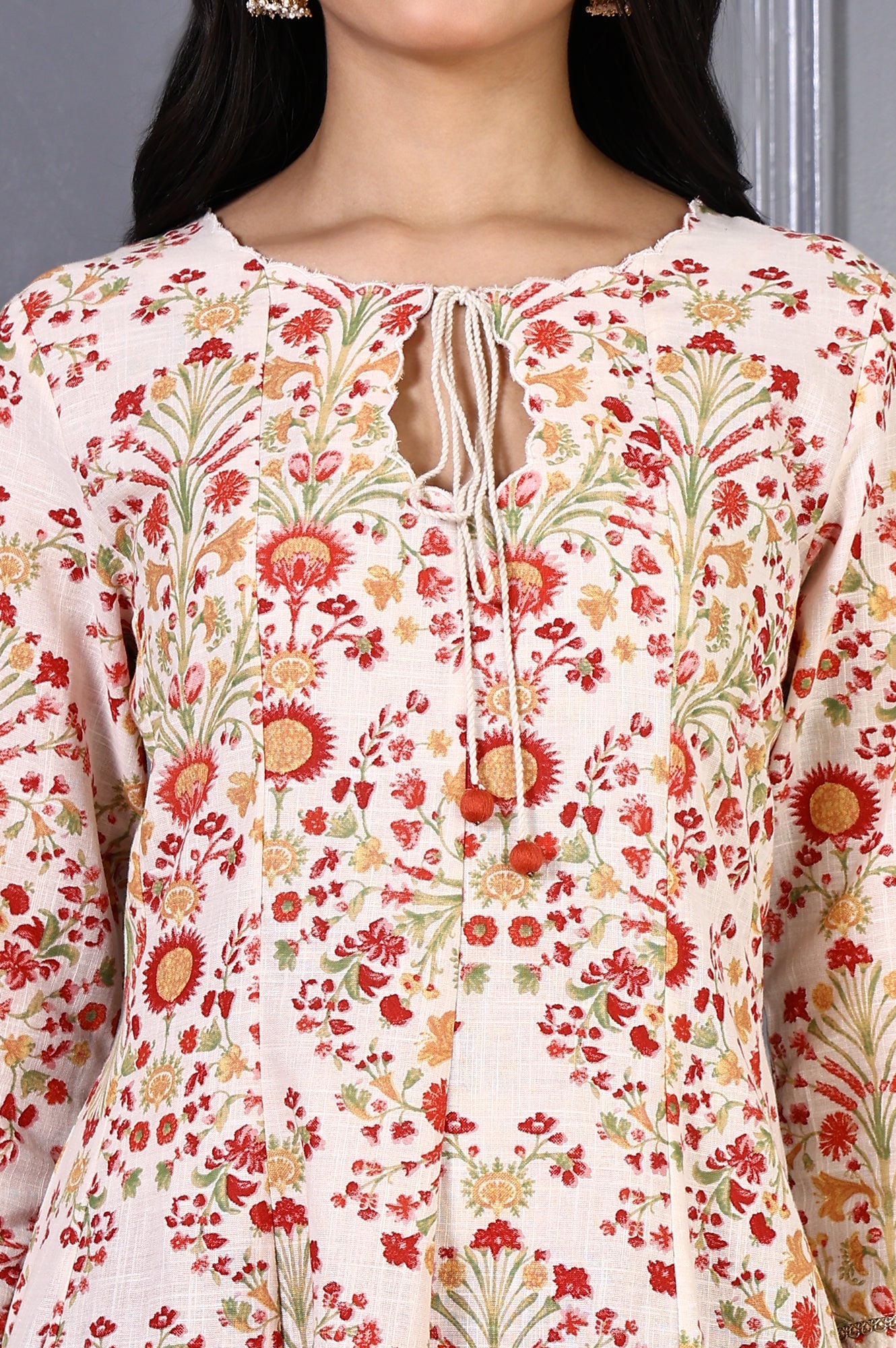 White Floral Printed Metal Embellishment Pure Cotton Flared Kurta