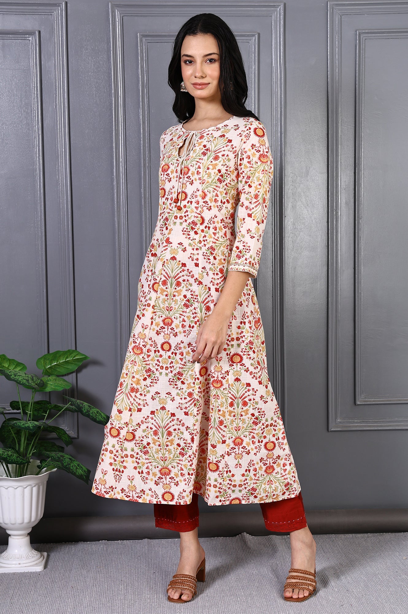 White Floral Printed Metal Embellishment Pure Cotton Flared Kurta