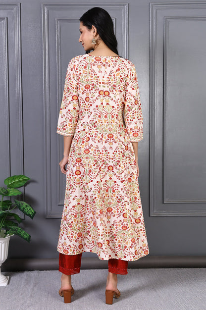 White Floral Printed Metal Embellishment Pure Cotton Flared Kurta