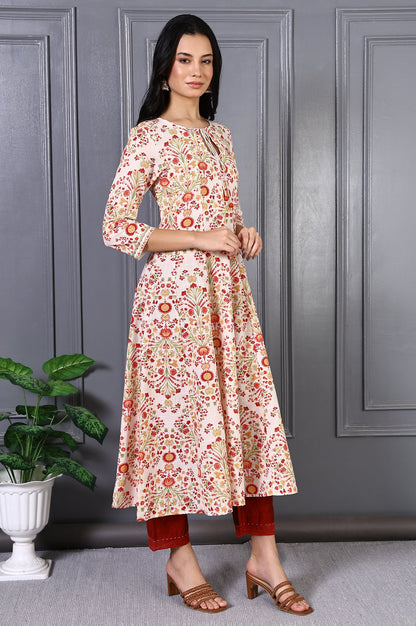 White Floral Printed Metal Embellishment Pure Cotton Flared Kurta