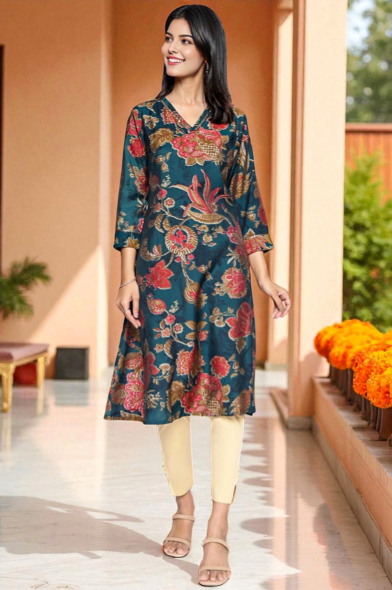Teal Printed Crepe Straight Kurta