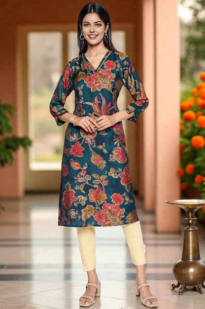 Teal Printed Crepe Straight Kurta