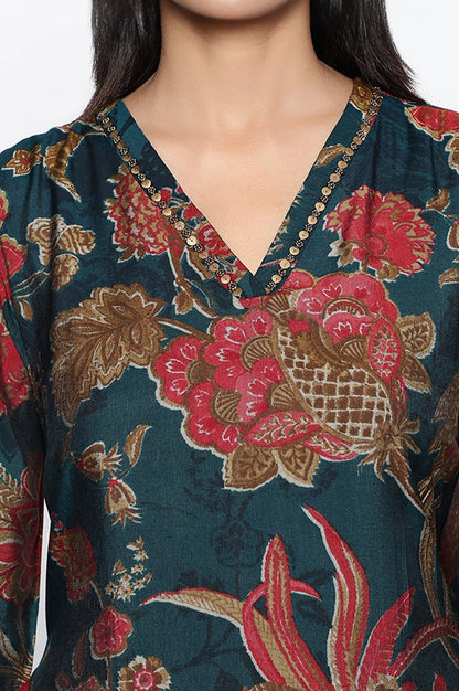 Teal Printed Crepe Straight Kurta