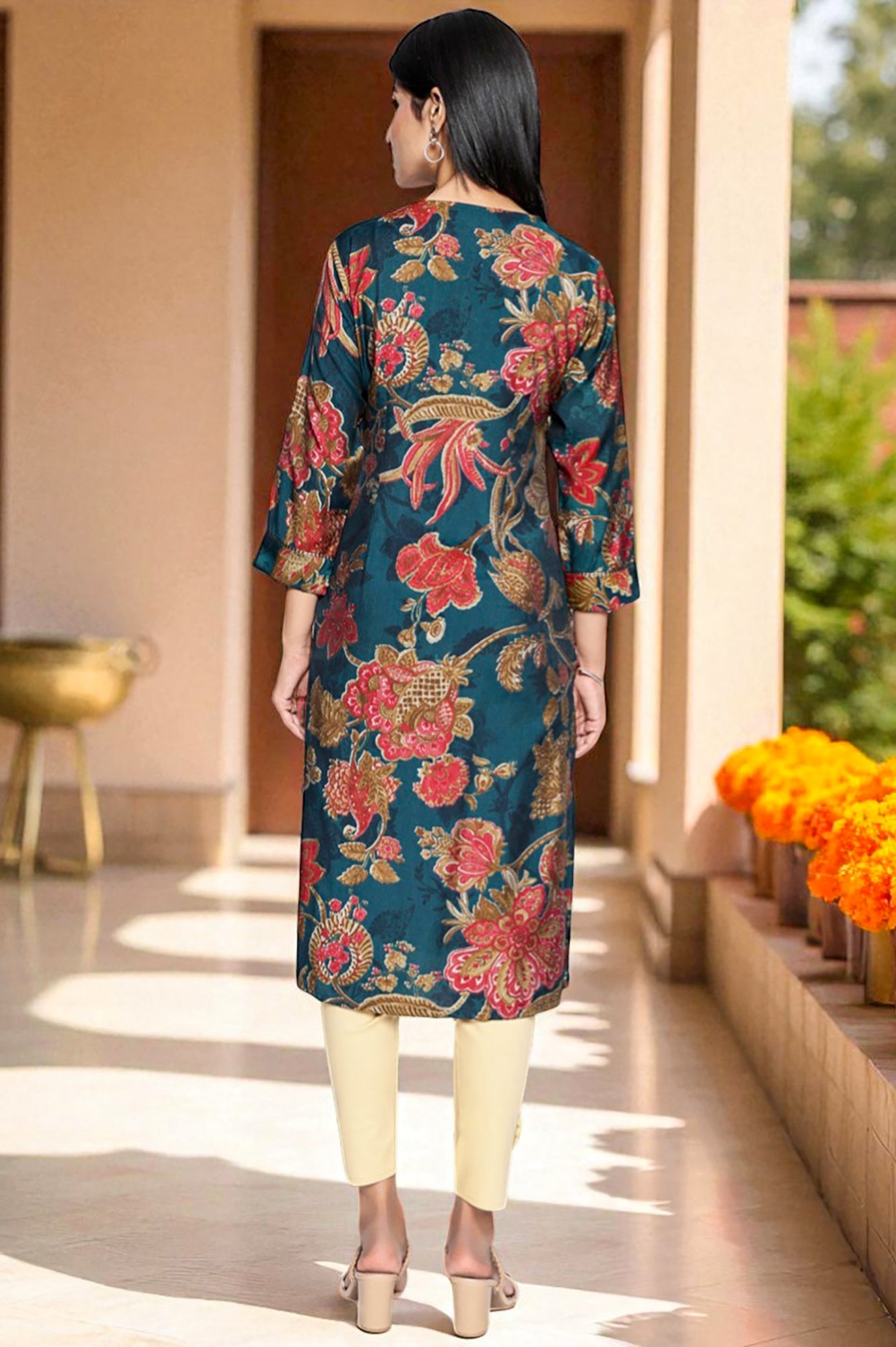 Teal Printed Crepe Straight Kurta