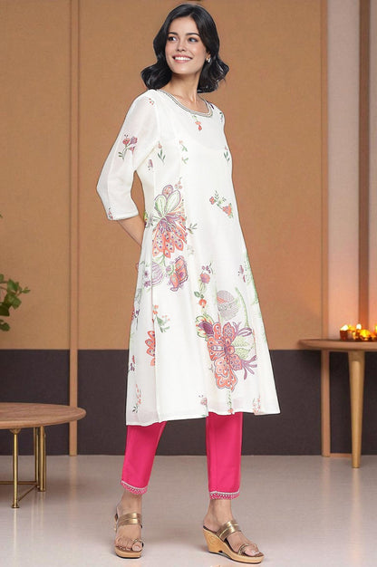 Ecru Printed Chanderi A-line Kurta