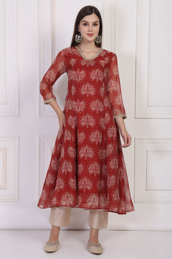 Maroon Ethnic Motifs Printed Zari Work Flared Organza Kurta