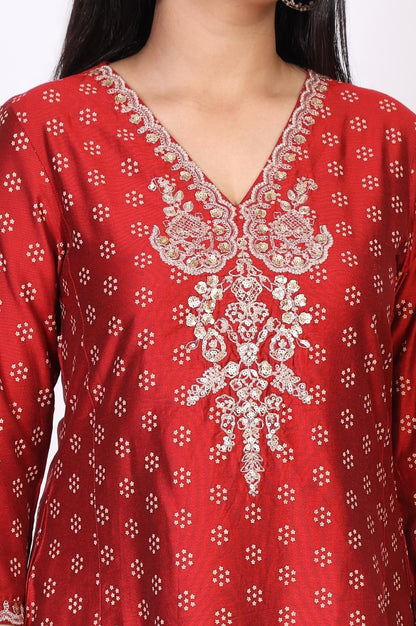 Red Floral Print Embroidered Straight Silk Kurta