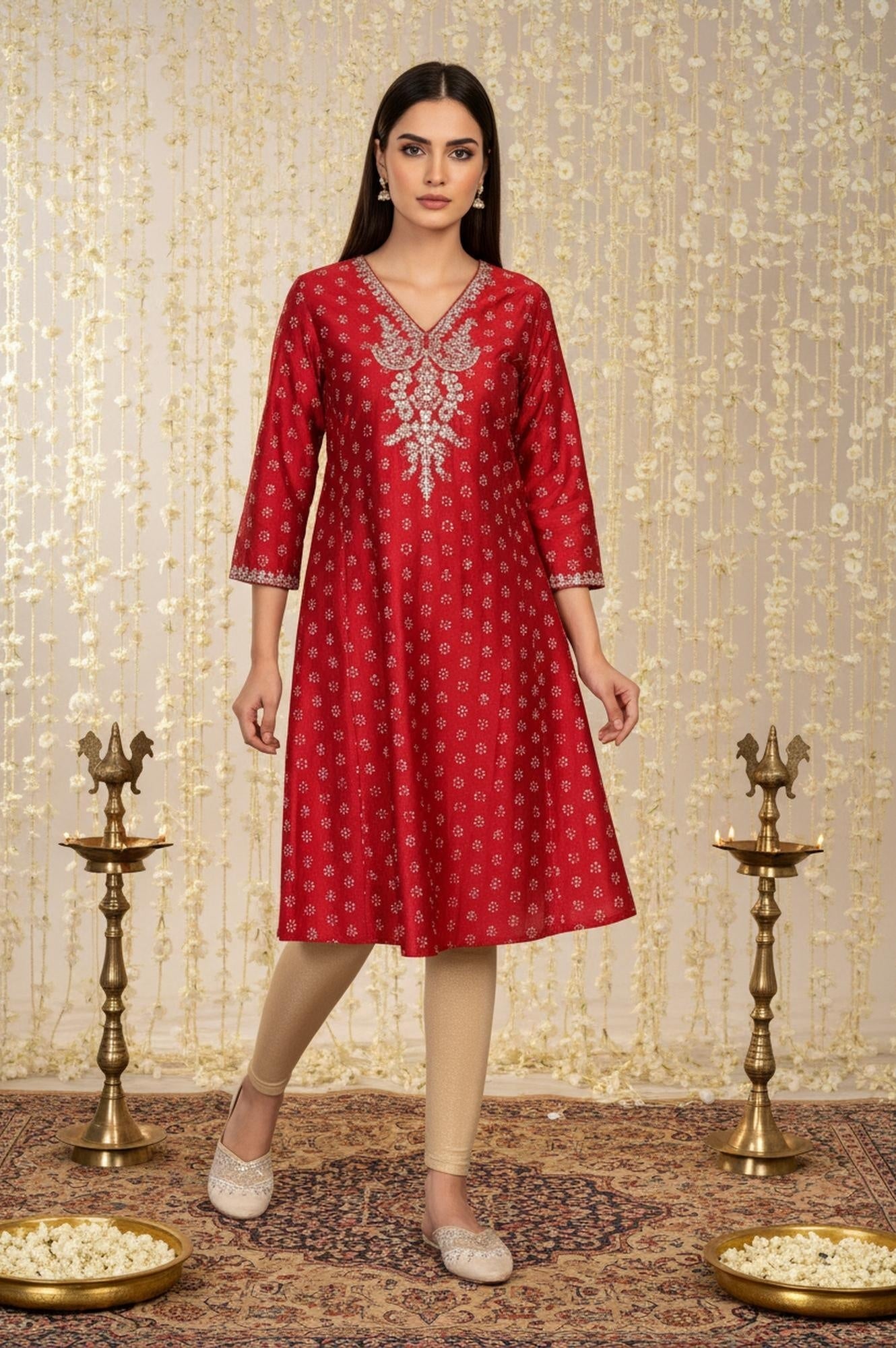 Red Floral Print Embroidered Straight Silk Kurta