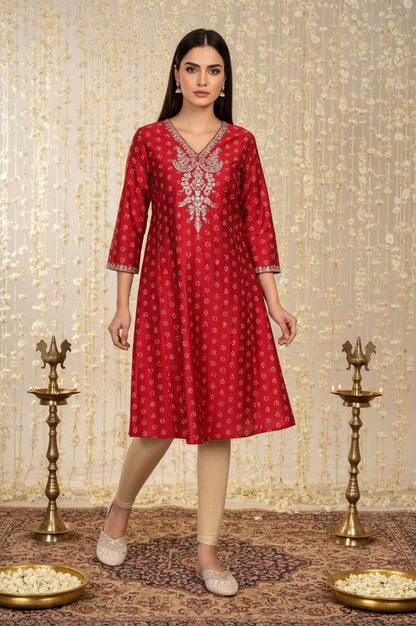 Red Floral Print Embroidered Straight Silk Kurta