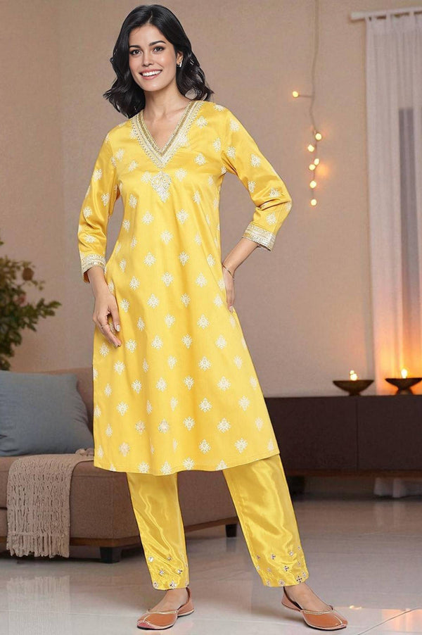Mustard Yellow Printed A-line Kurta