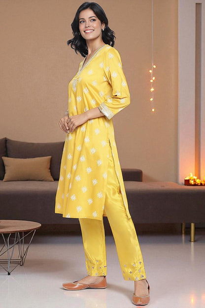 Mustard Yellow Printed A-line Kurta