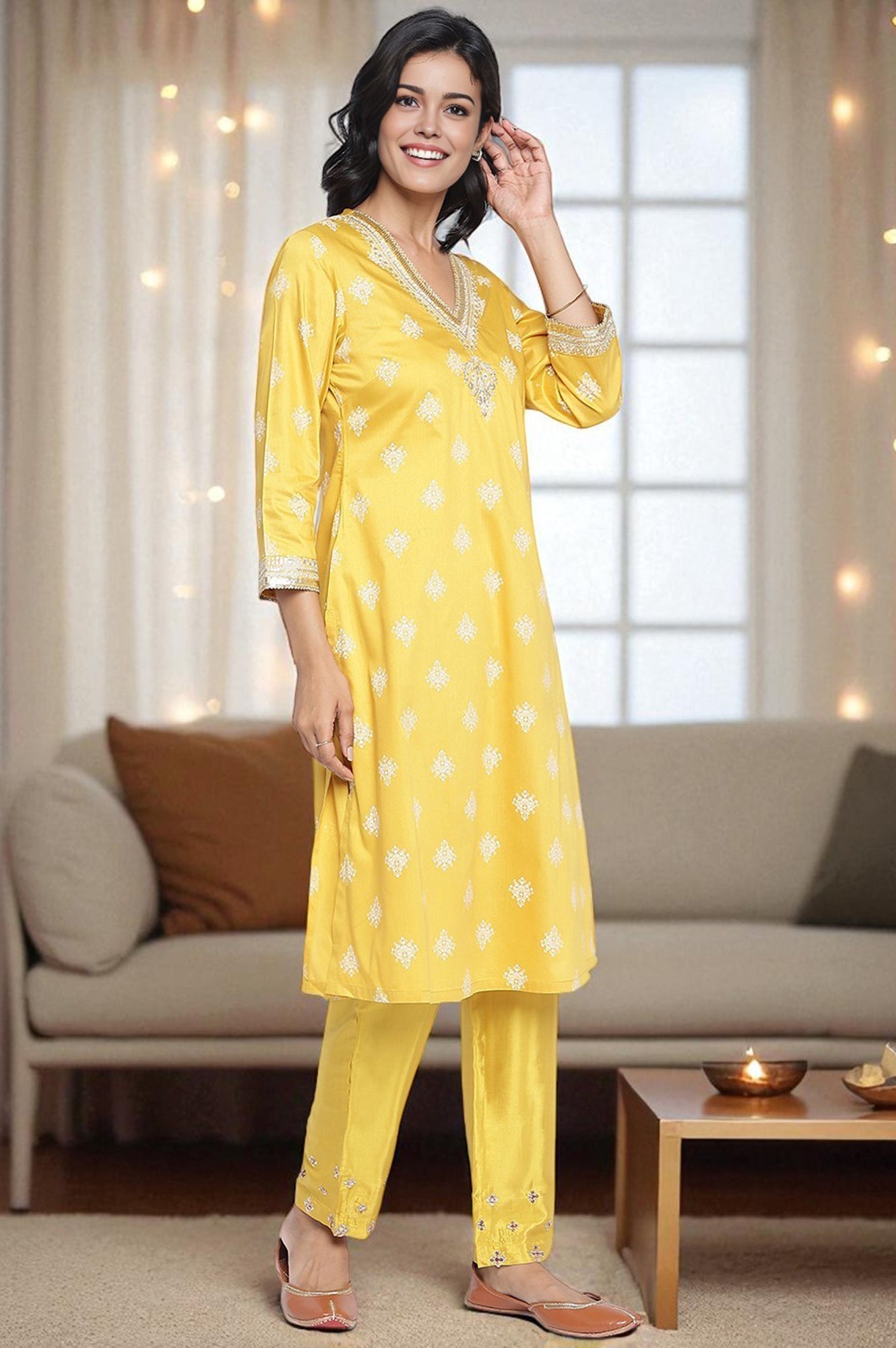 Mustard Yellow Printed A-line Kurta
