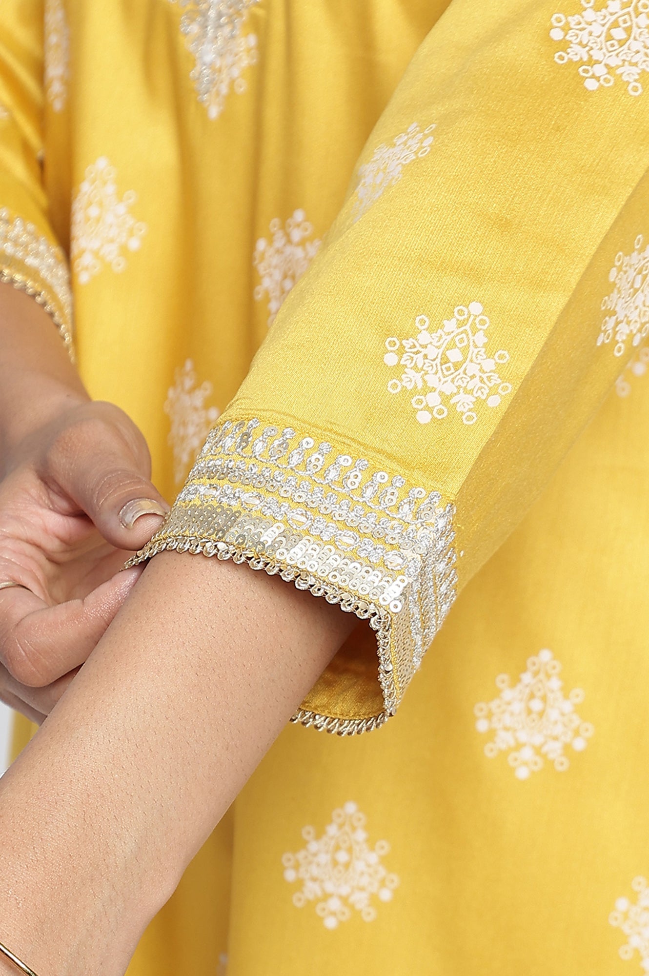 Mustard Yellow Printed A-line Kurta