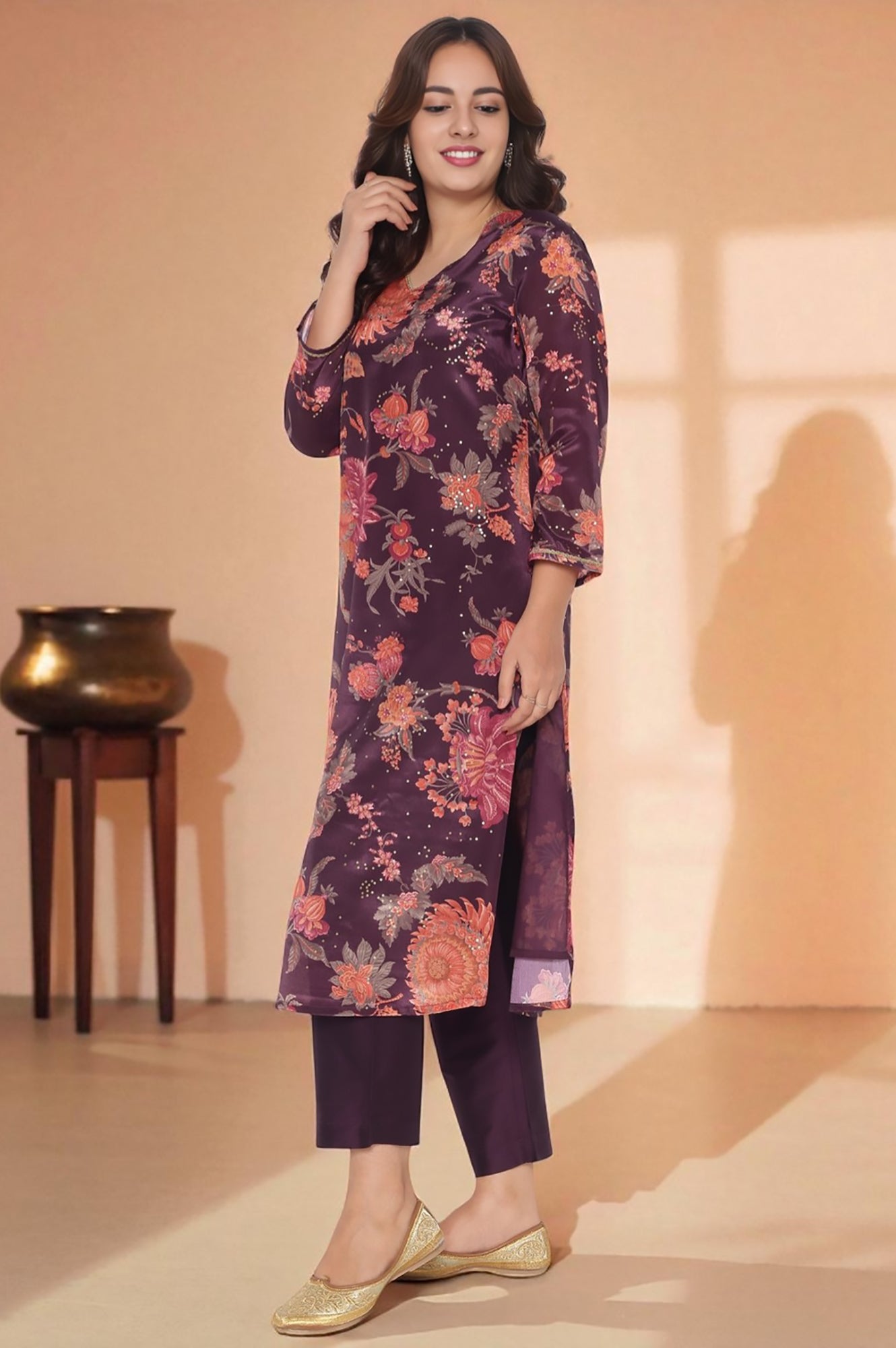 Wine Printed Chinon A-line Kurta with Embellished Neck