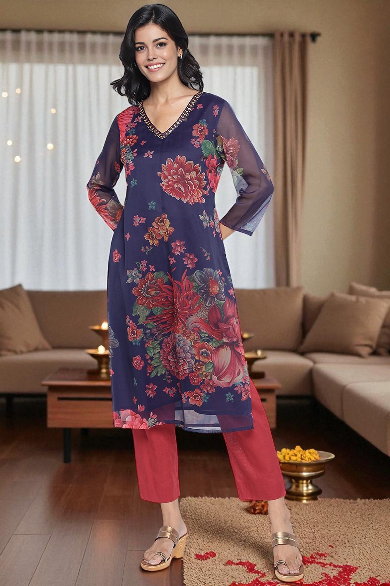 Midnight Blue Printed Silver Chiffon A-line Kurta