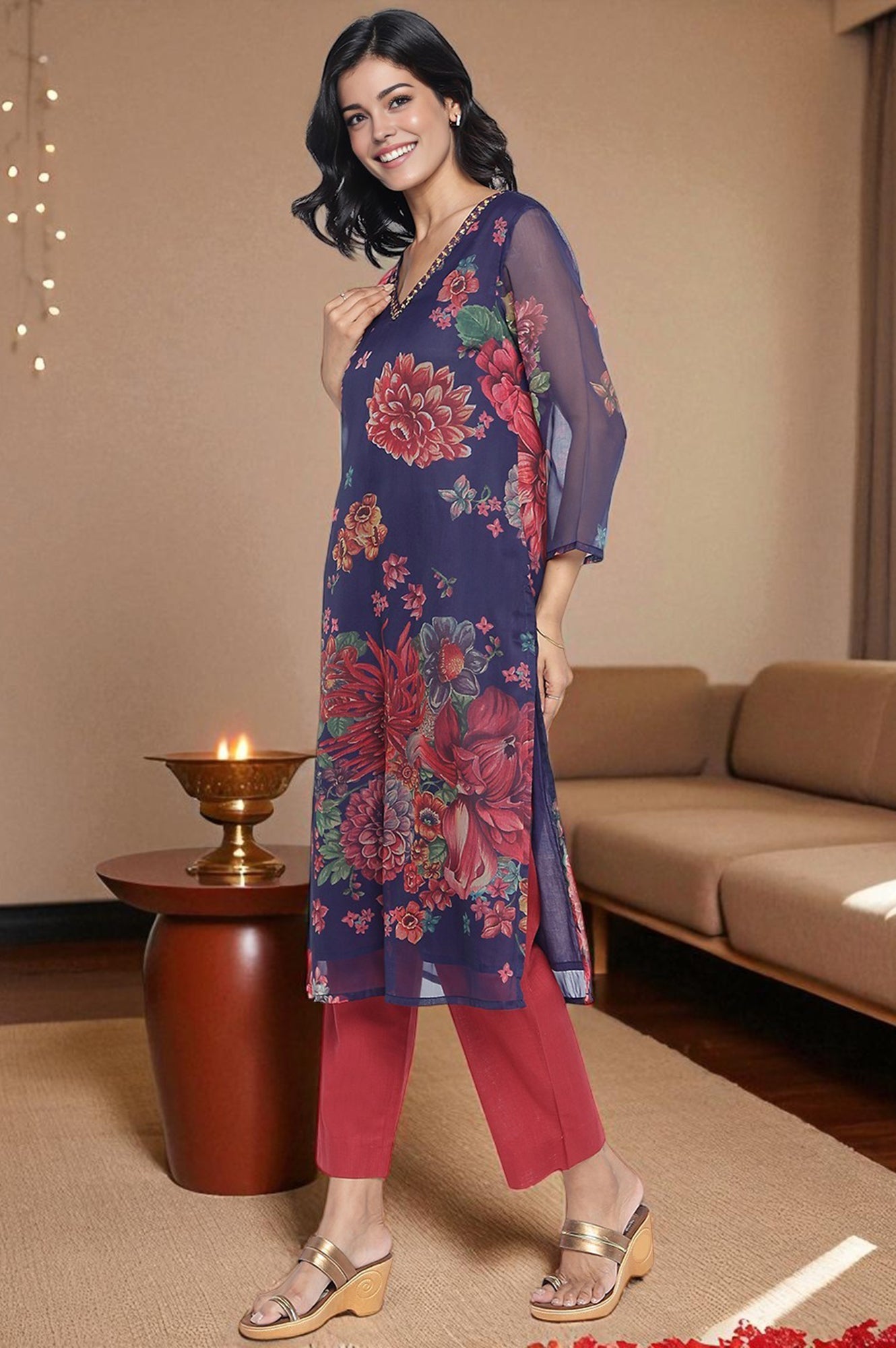 Midnight Blue Printed Silver Chiffon A-line Kurta