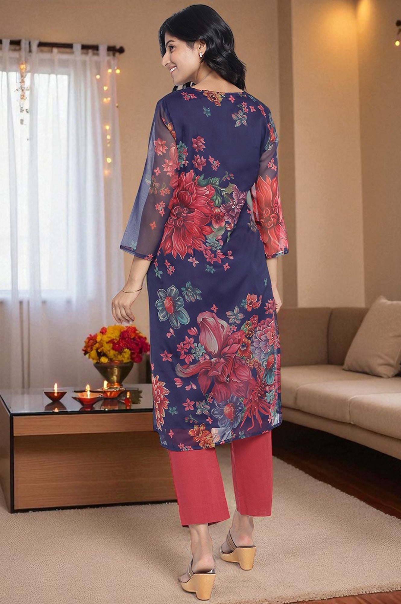 Midnight Blue Printed Silver Chiffon A-line Kurta