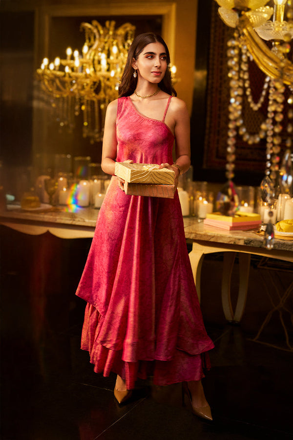 Pink Sequined A-Line Tissue Dress