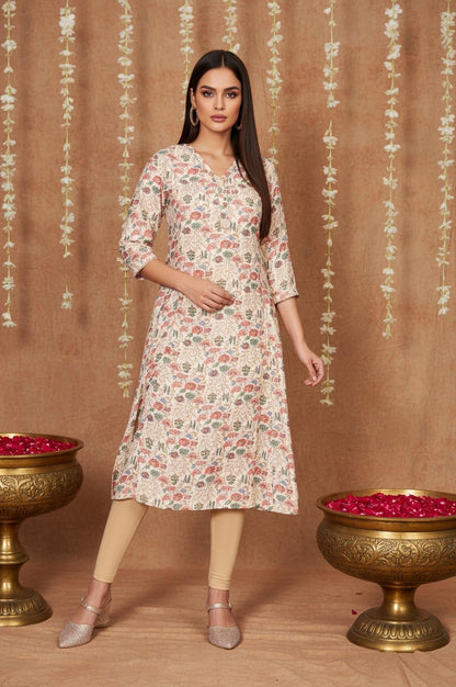 Beige Floral Print Straight Muslin Shimmer Kurta