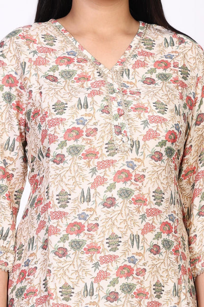 Beige Floral Print Straight Muslin Shimmer Kurta