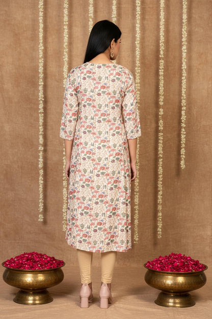 Beige Floral Print Straight Muslin Shimmer Kurta